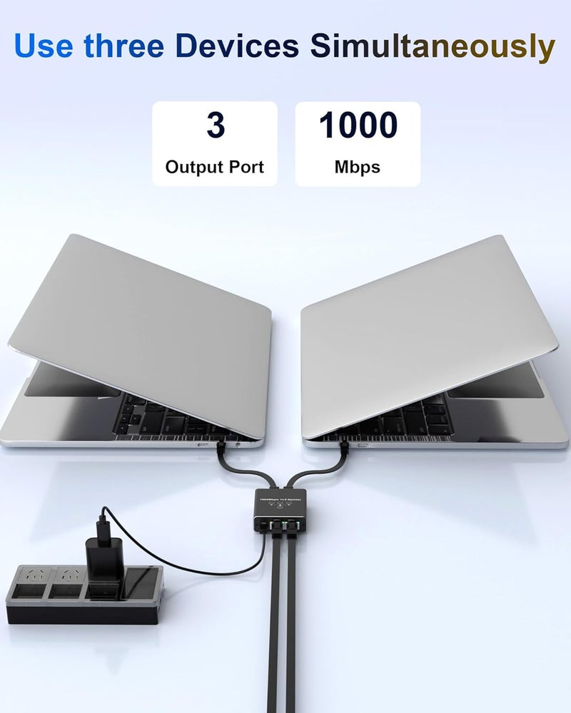 FSKY موزع إيثرنت جيجابت 1 إلى 3، موزع LAN من الألمنيوم 1000 ميجابت في الثانية RJ45 مع كابل طاقة USB-C لكابلات Cat5/5e/6/7/8 - Image 3